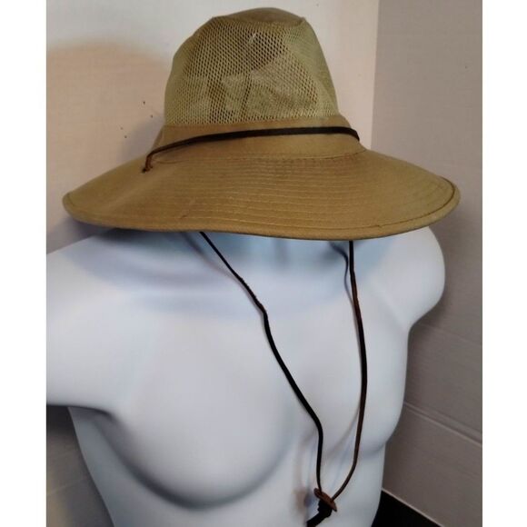 DORFMAN PACIFIC HEADWEAR OUTDOOR SAFARI STYLE MESH HAT TAN W/LEATHER STRAP MED - Picture 2 of 7